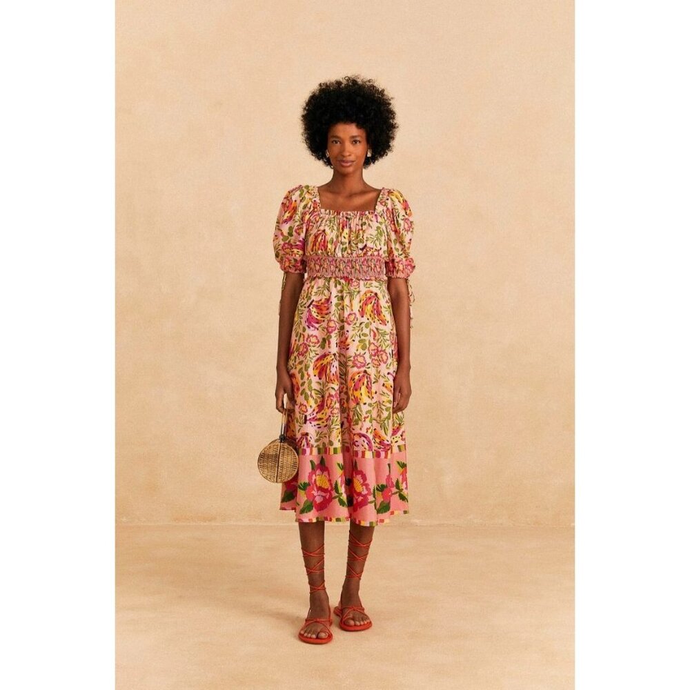 Farm Rio Pink Painted‎ Bananas Midi Dress Large